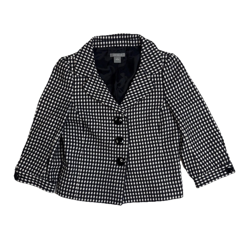 Ann Taylor Women's White & Black Houndstooth Jacket 3/4 Sleeve Size 6